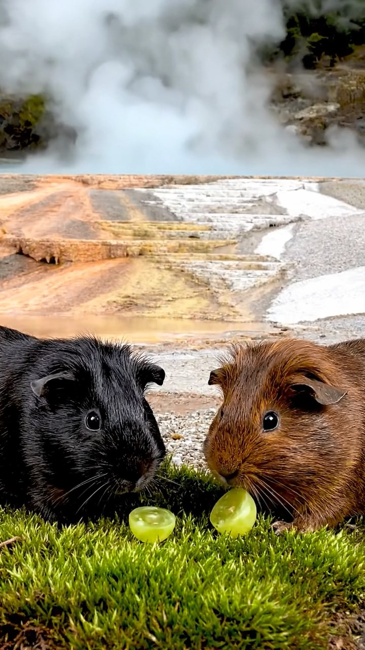 1315. Photorealistic image of 2 smooth-haired Teddy guinea pigs in black and brown colors, enjoying grape halves, near a erupting geyser basin with steam plumes and mineral terraces.