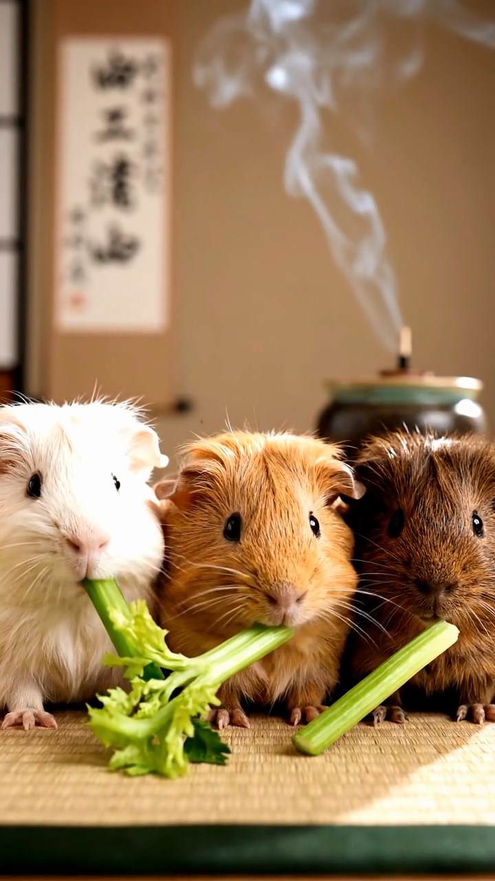 1316. Realistic depiction of 3 smooth-haired Texel guinea pigs with cream, fawn, and chocolate fur, chewing on celery stalks, in a minimalist zen tea ceremony room with scrolls and incense.