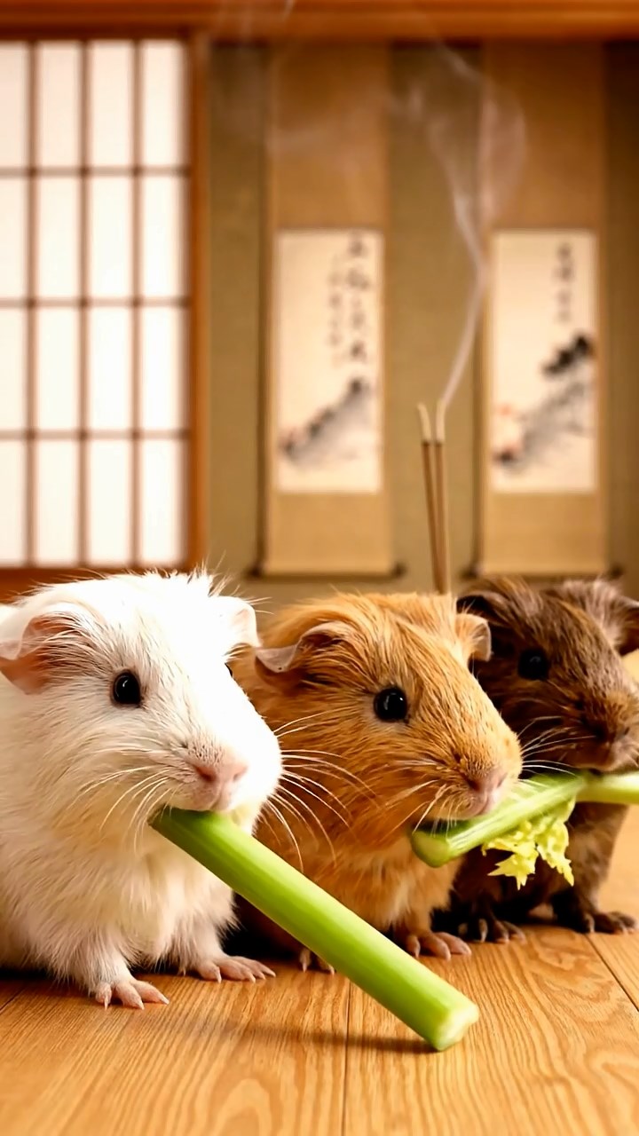1316. Realistic depiction of 3 smooth-haired Texel guinea pigs with cream, fawn, and chocolate fur, chewing on celery stalks, in a minimalist zen tea ceremony room with scrolls and incense.