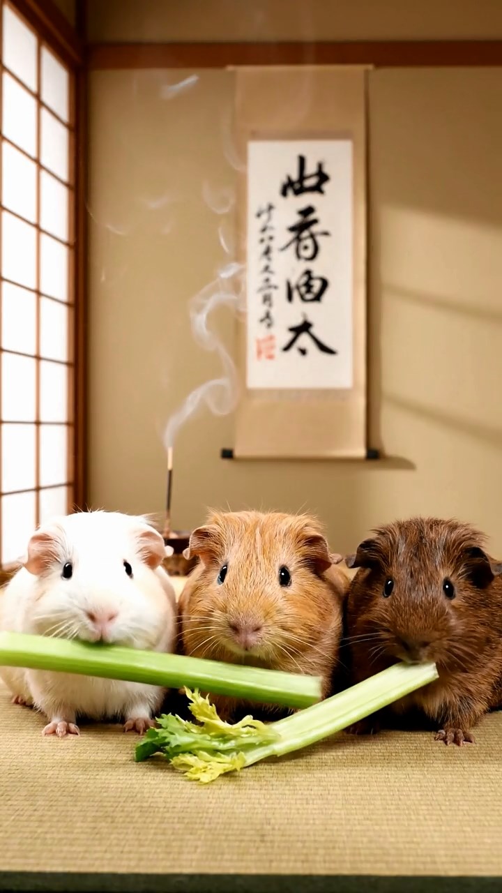 1316. Realistic depiction of 3 smooth-haired Texel guinea pigs with cream, fawn, and chocolate fur, chewing on celery stalks, in a minimalist zen tea ceremony room with scrolls and incense.