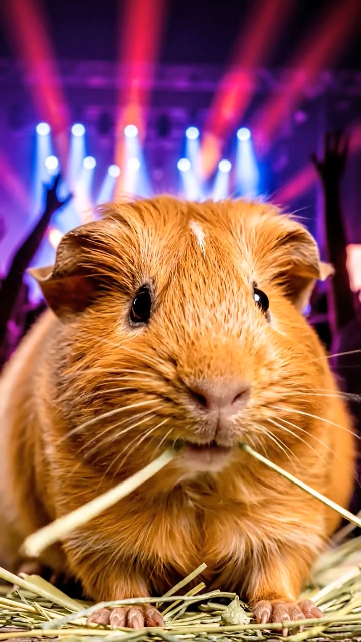 1317. Detailed scene of 1 smooth-haired Rex guinea pig with cinnamon fur, munching on timothy hay, in a concert festival crowd with stage lights and cheering audiences.