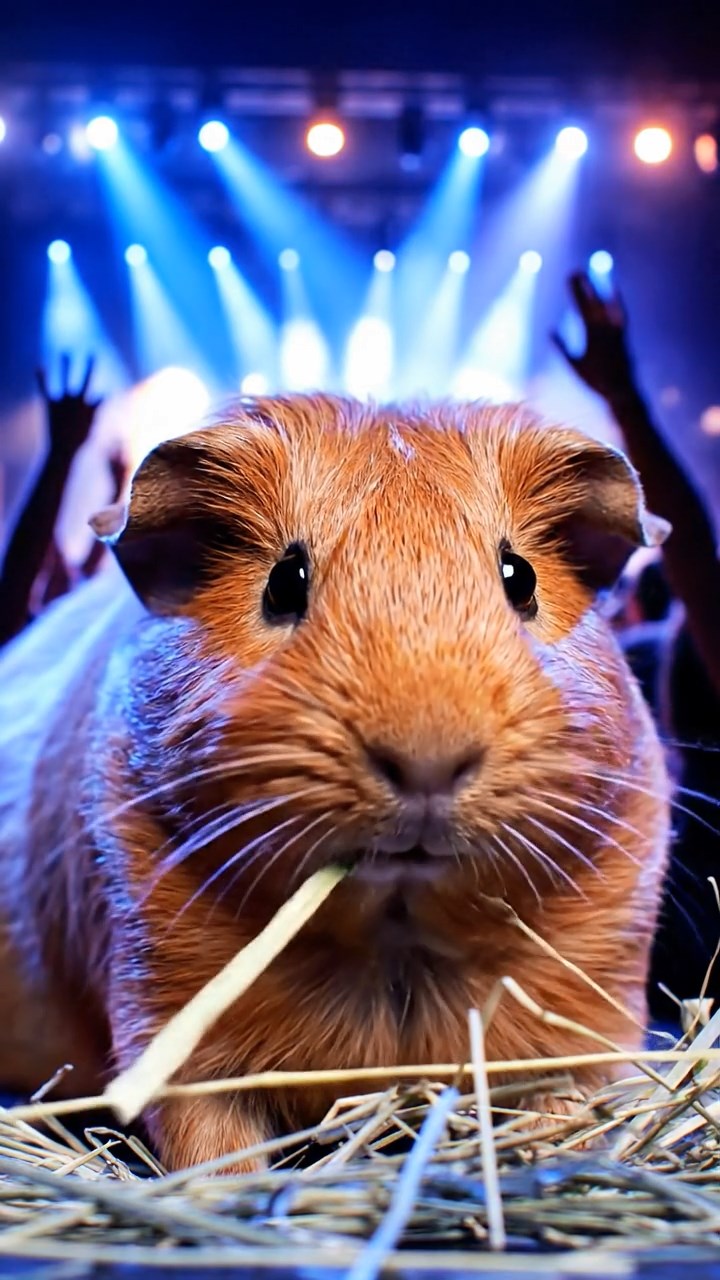 1317. Detailed scene of 1 smooth-haired Rex guinea pig with cinnamon fur, munching on timothy hay, in a concert festival crowd with stage lights and cheering audiences.