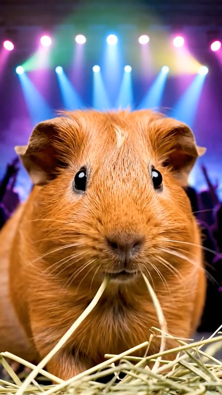 1317. Detailed scene of 1 smooth-haired Rex guinea pig with cinnamon fur, munching on timothy hay, in a concert festival crowd with stage lights and cheering audiences.