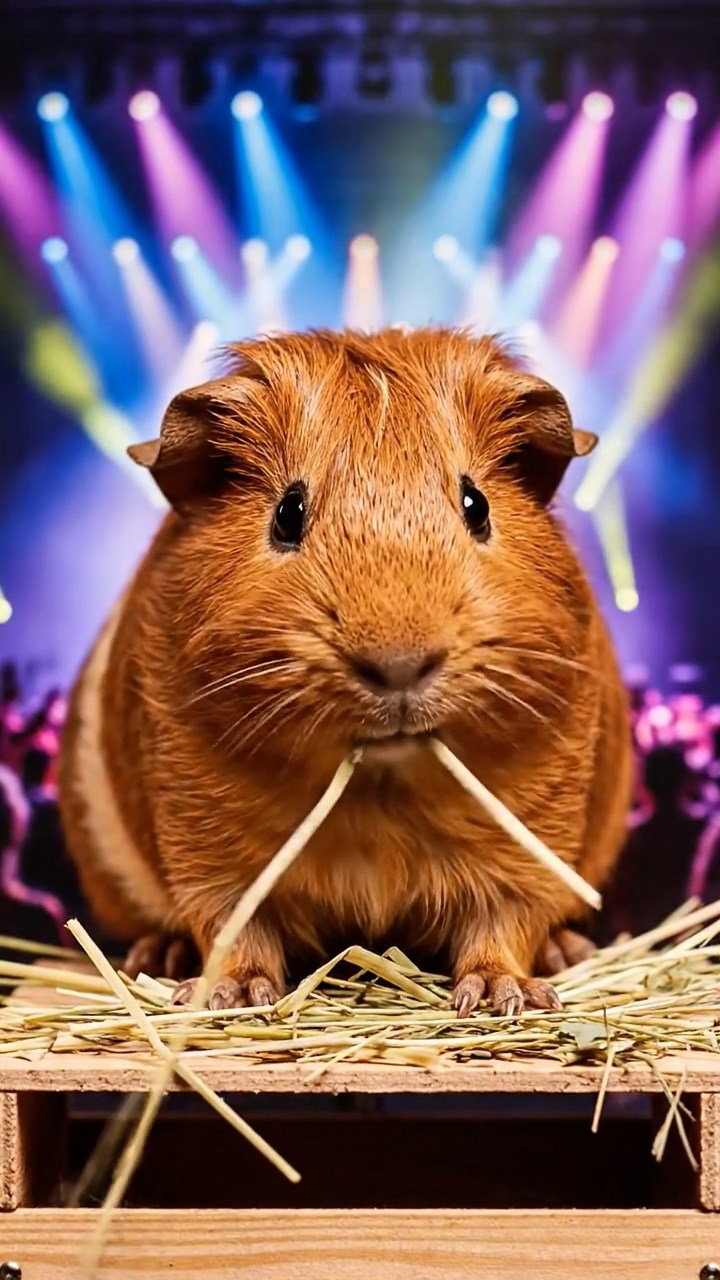1317. Detailed scene of 1 smooth-haired Rex guinea pig with cinnamon fur, munching on timothy hay, in a concert festival crowd with stage lights and cheering audiences.