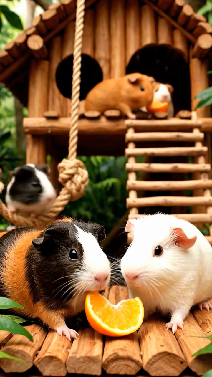 1318. Photorealistic photo of 5 smooth-haired Coronet guinea pigs featuring sable, white, and orange coats, sharing orange segments, in a canopy tree lodge with rope swings and jungle sounds.