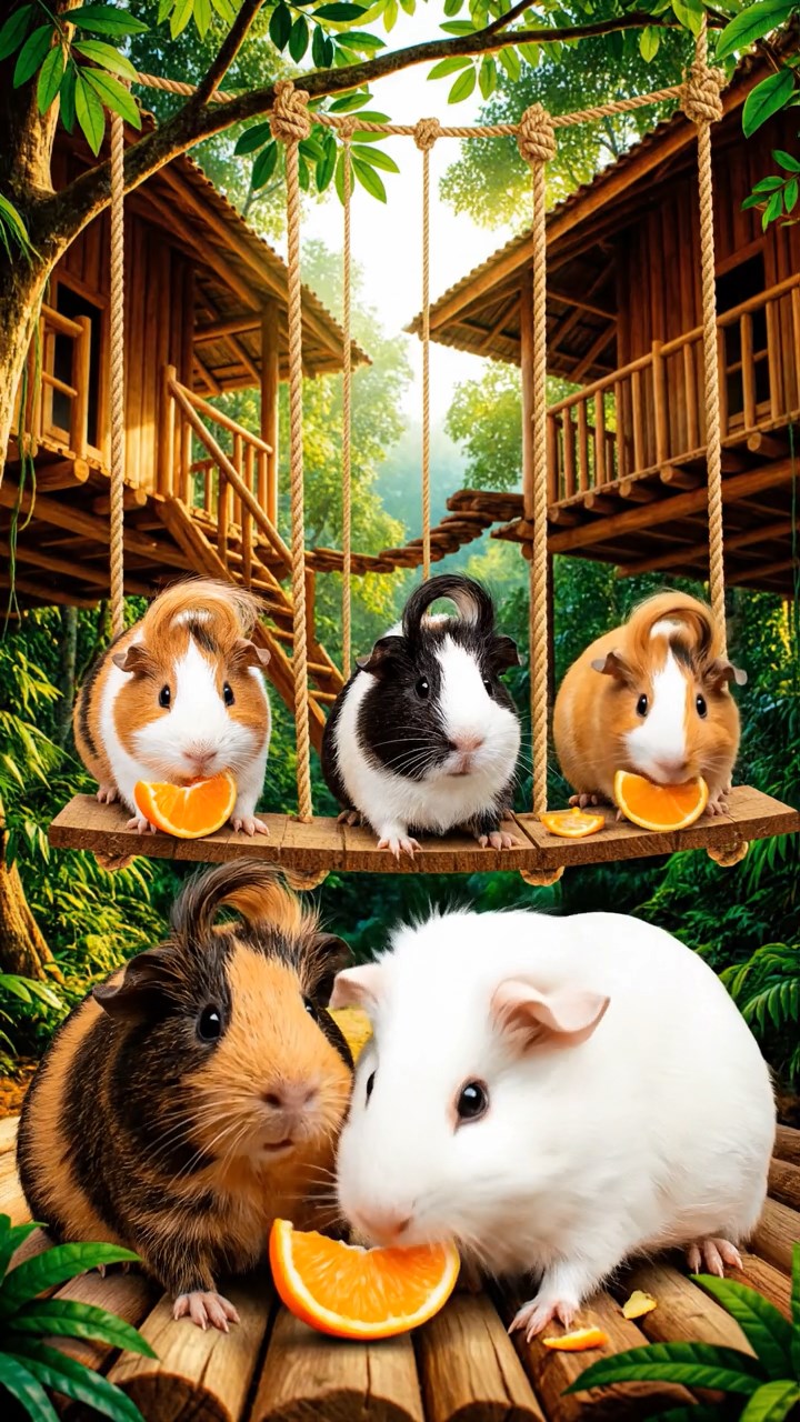 1318. Photorealistic photo of 5 smooth-haired Coronet guinea pigs featuring sable, white, and orange coats, sharing orange segments, in a canopy tree lodge with rope swings and jungle sounds.