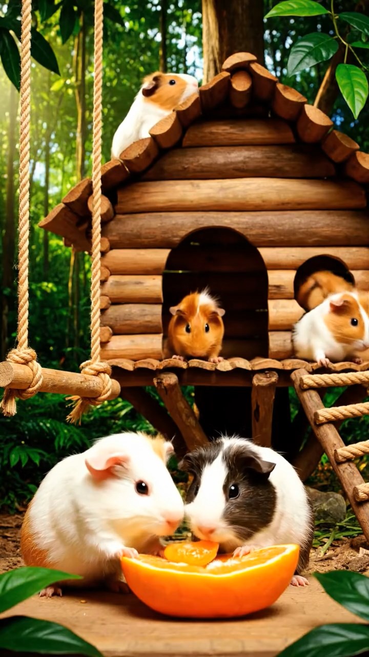1318. Photorealistic photo of 5 smooth-haired Coronet guinea pigs featuring sable, white, and orange coats, sharing orange segments, in a canopy tree lodge with rope swings and jungle sounds.