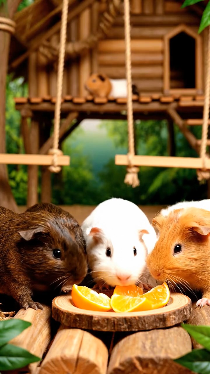 1318. Photorealistic photo of 5 smooth-haired Coronet guinea pigs featuring sable, white, and orange coats, sharing orange segments, in a canopy tree lodge with rope swings and jungle sounds.