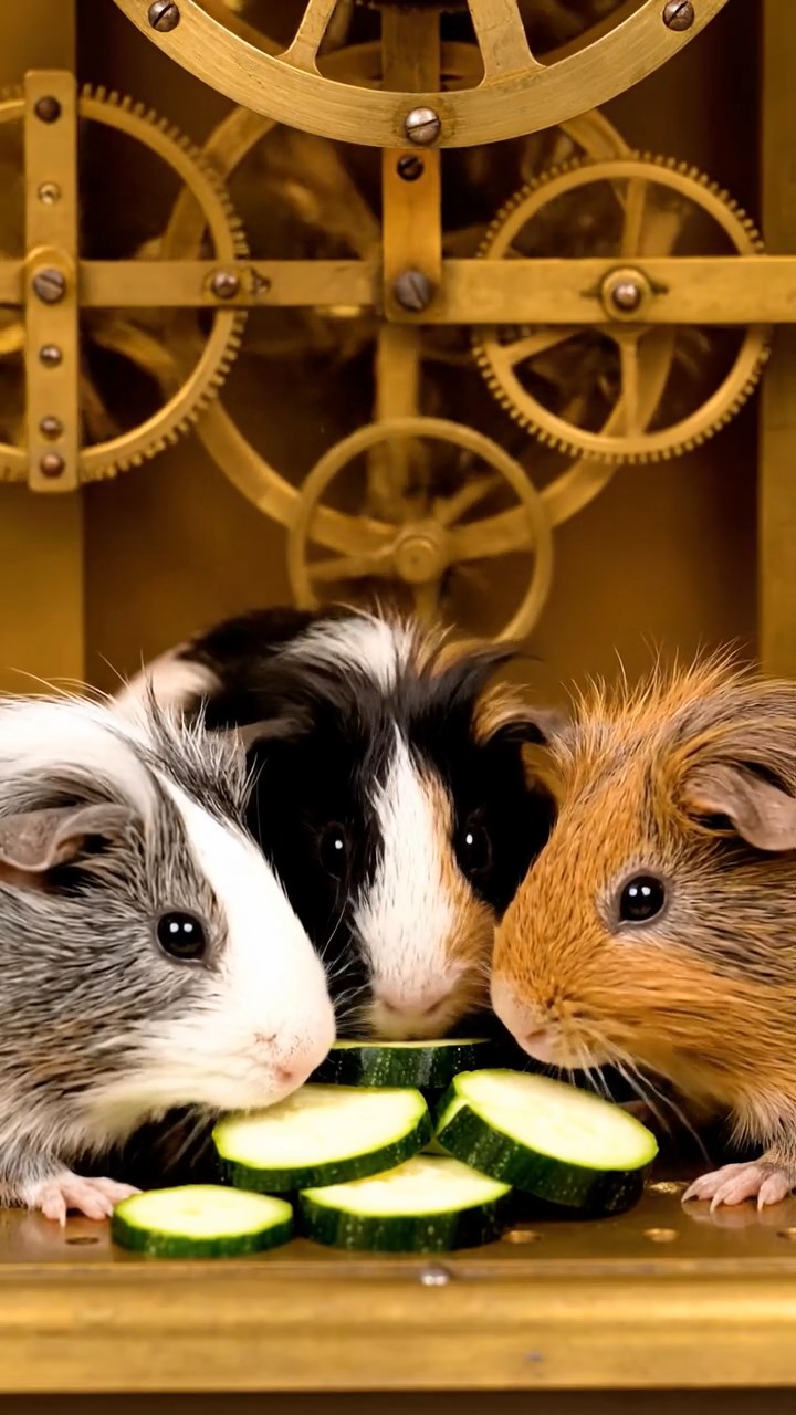 1319. Realistic image of 4 smooth-haired White Crested guinea pigs with gray, black, and brown fur, eating zucchini slices, inside a antique clockwork tower with brass mechanisms whirring.