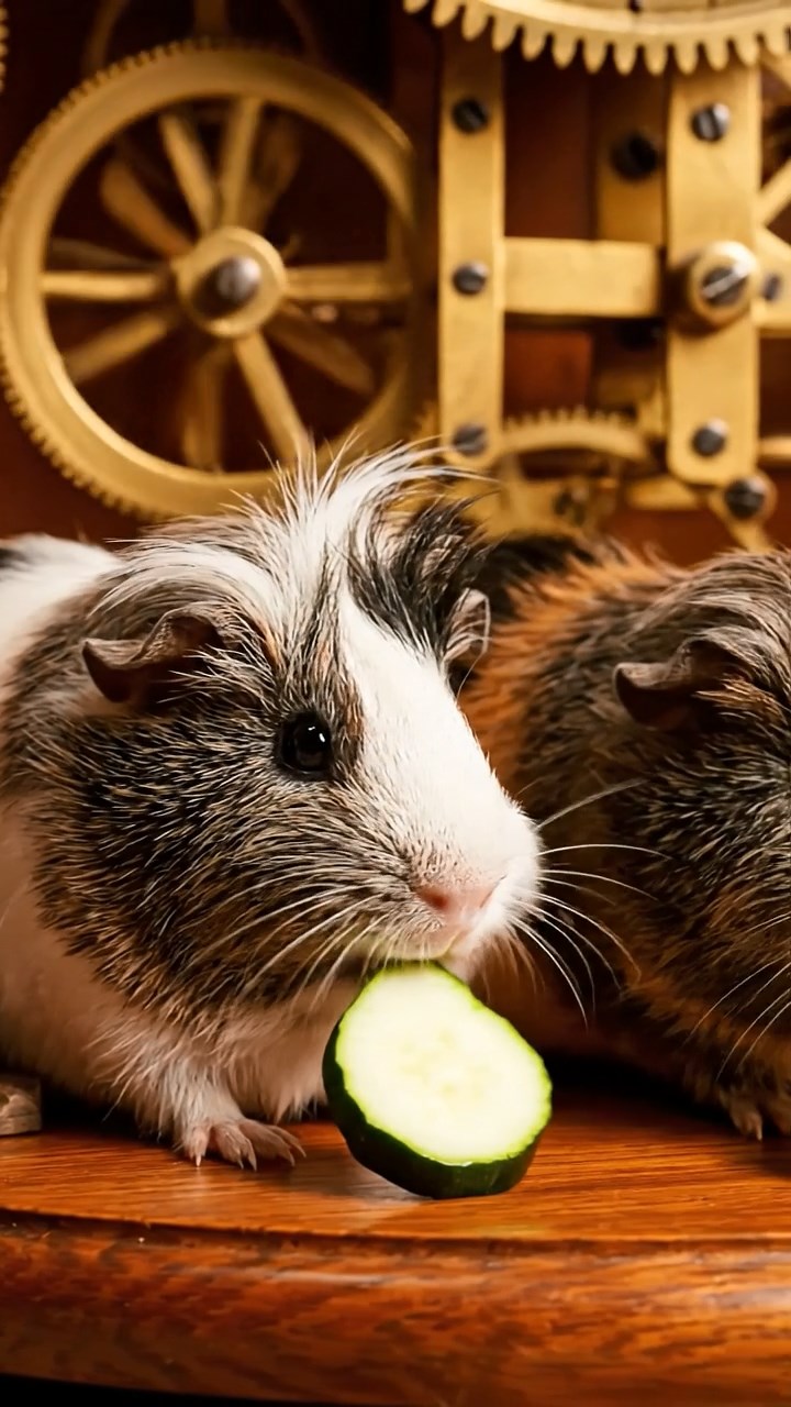 1319. Realistic image of 4 smooth-haired White Crested guinea pigs with gray, black, and brown fur, eating zucchini slices, inside a antique clockwork tower with brass mechanisms whirring.