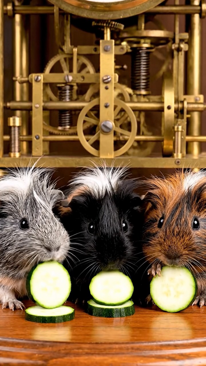 1319. Realistic image of 4 smooth-haired White Crested guinea pigs with gray, black, and brown fur, eating zucchini slices, inside a antique clockwork tower with brass mechanisms whirring.