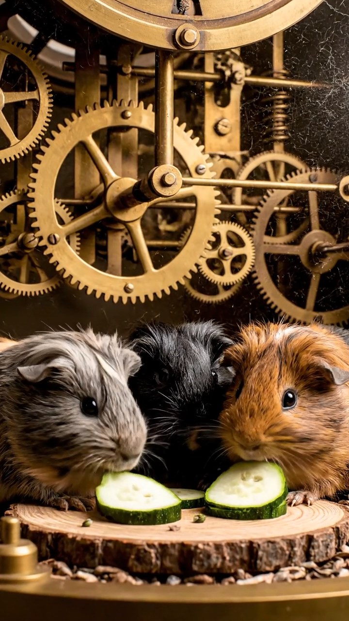 1319. Realistic image of 4 smooth-haired White Crested guinea pigs with gray, black, and brown fur, eating zucchini slices, inside a antique clockwork tower with brass mechanisms whirring.