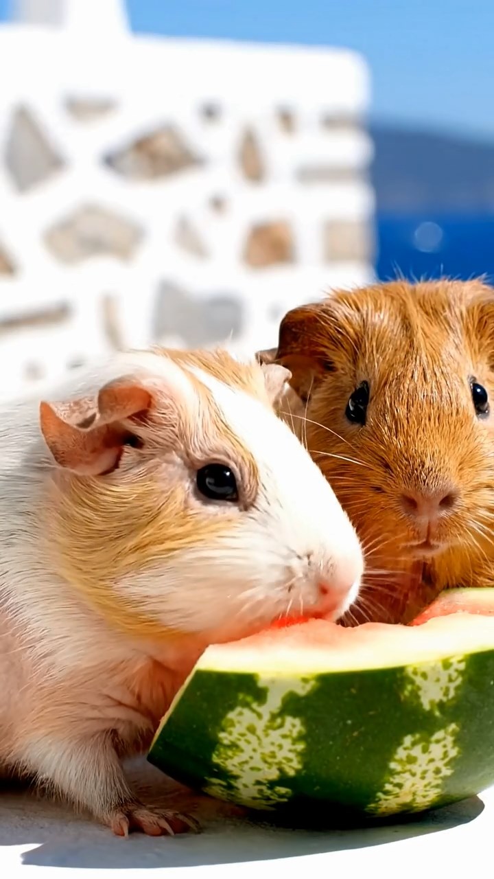 1320. Highly detailed view of 2 smooth-haired Skinny guinea pigs in cream and fawn colors, nibbling on watermelon rind, on a Greek isle terrace with whitewashed walls and Aegean sea.