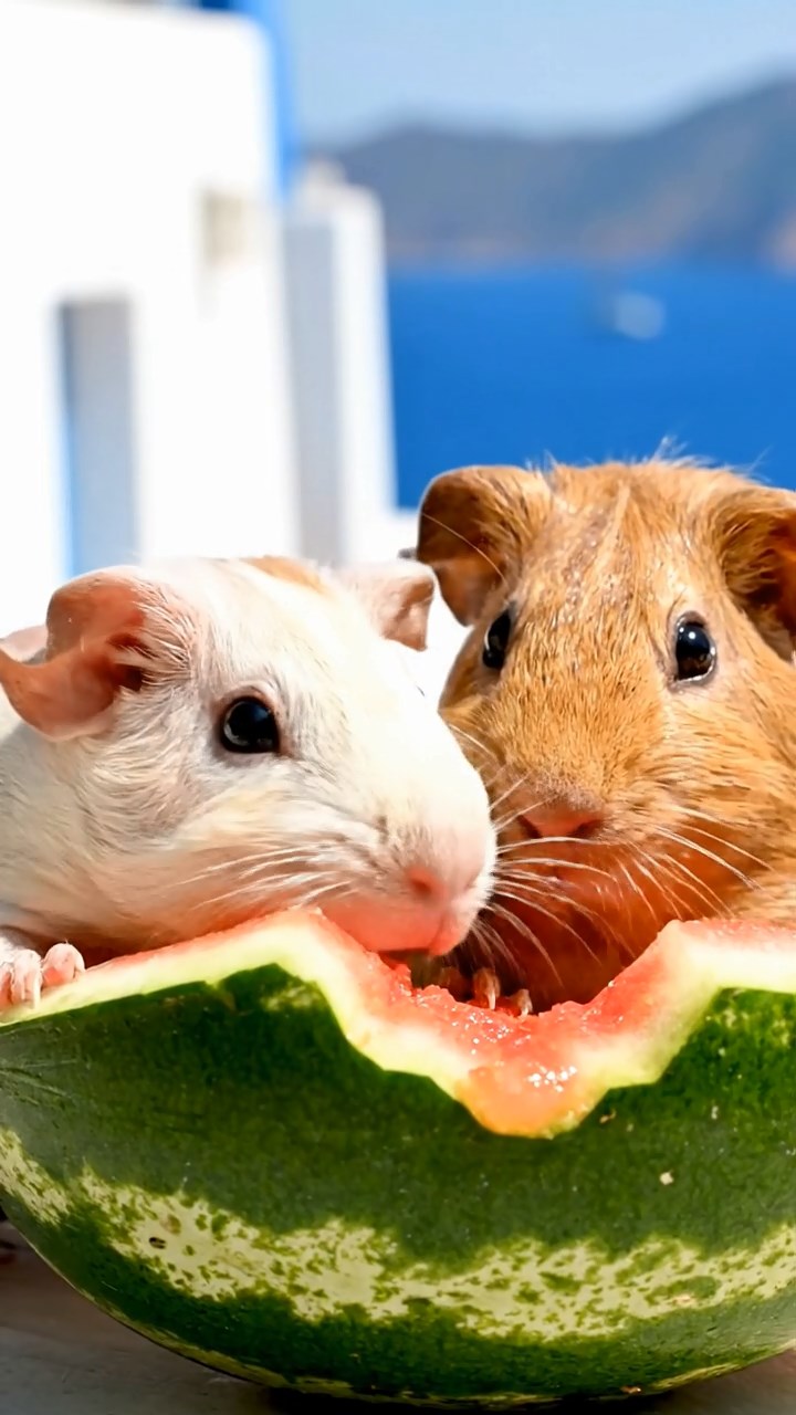 1320. Highly detailed view of 2 smooth-haired Skinny guinea pigs in cream and fawn colors, nibbling on watermelon rind, on a Greek isle terrace with whitewashed walls and Aegean sea.