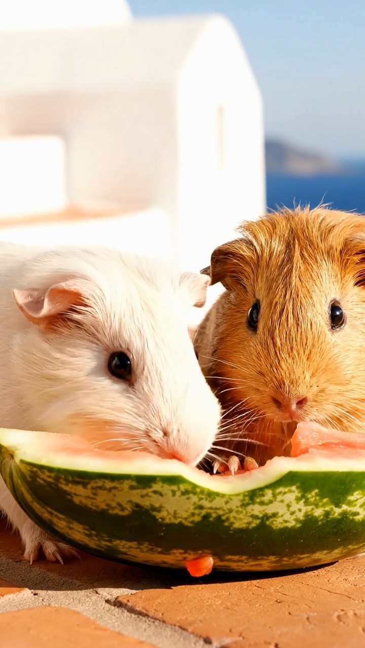 1320. Highly detailed view of 2 smooth-haired Skinny guinea pigs in cream and fawn colors, nibbling on watermelon rind, on a Greek isle terrace with whitewashed walls and Aegean sea.