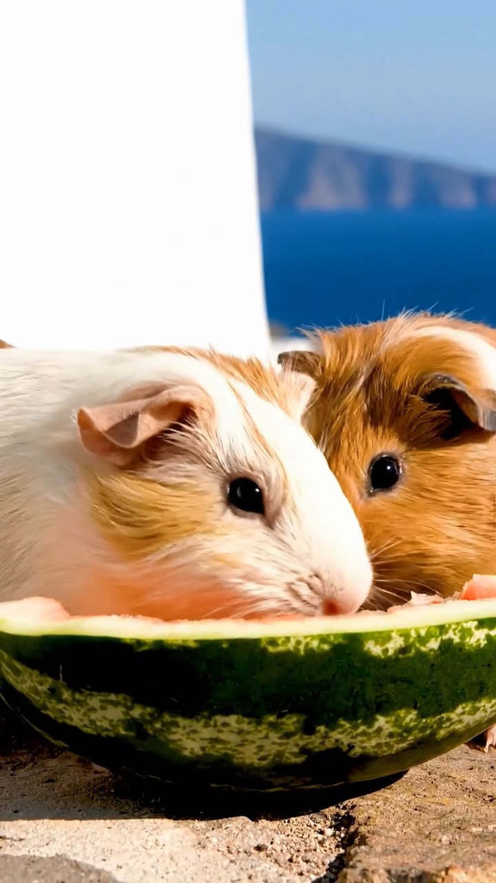 1320. Highly detailed view of 2 smooth-haired Skinny guinea pigs in cream and fawn colors, nibbling on watermelon rind, on a Greek isle terrace with whitewashed walls and Aegean sea.