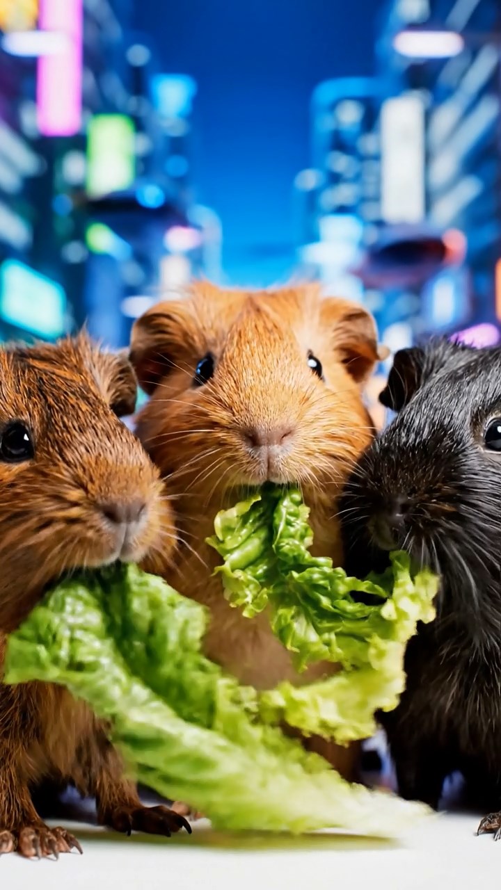 1321. Photorealistic scene of 3 smooth-haired American guinea pigs with chocolate, cinnamon, and sable fur, chewing on romaine lettuce, in a neon-drenched future city street with flying vehicles.