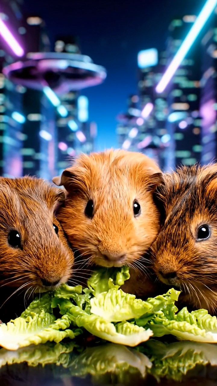 1321. Photorealistic scene of 3 smooth-haired American guinea pigs with chocolate, cinnamon, and sable fur, chewing on romaine lettuce, in a neon-drenched future city street with flying vehicles.