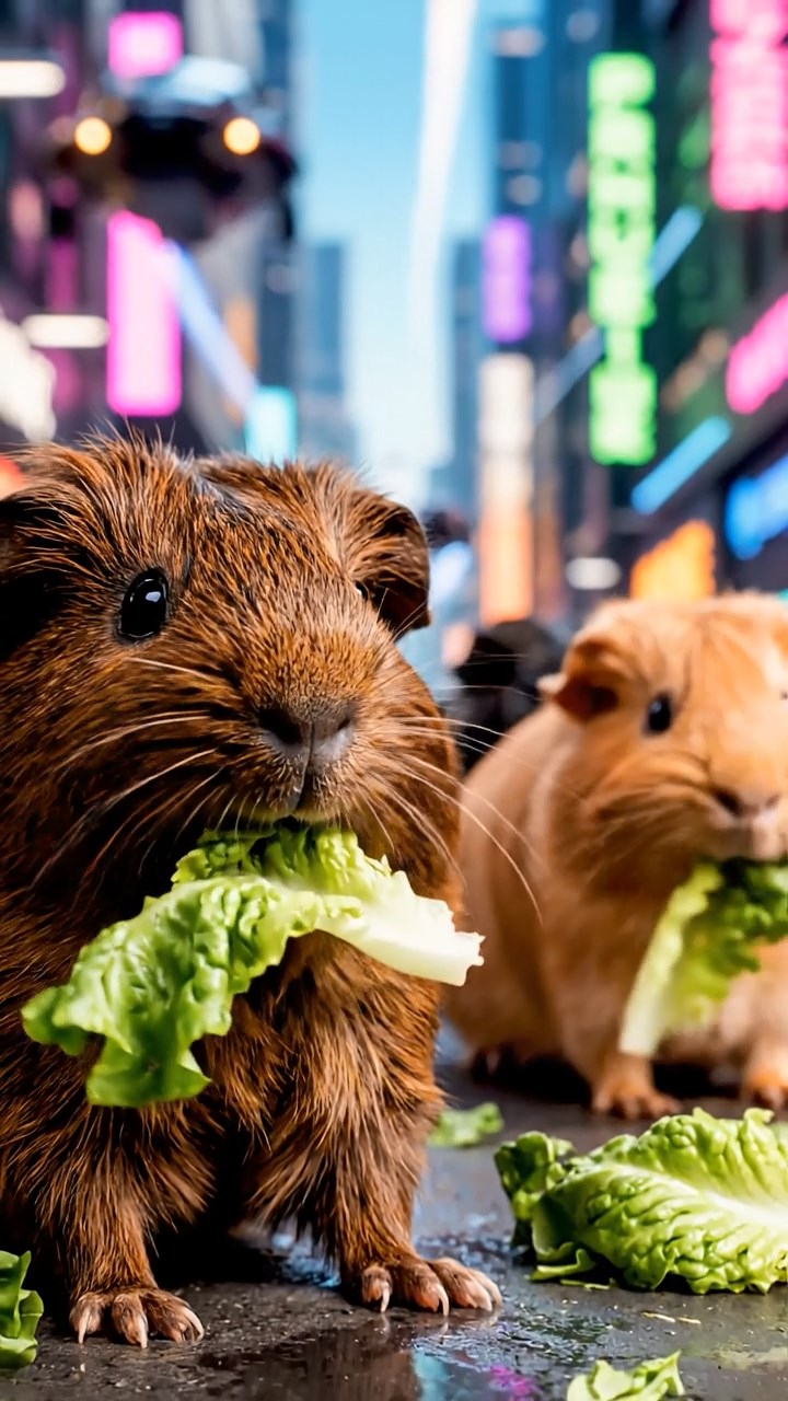 1321. Photorealistic scene of 3 smooth-haired American guinea pigs with chocolate, cinnamon, and sable fur, chewing on romaine lettuce, in a neon-drenched future city street with flying vehicles.