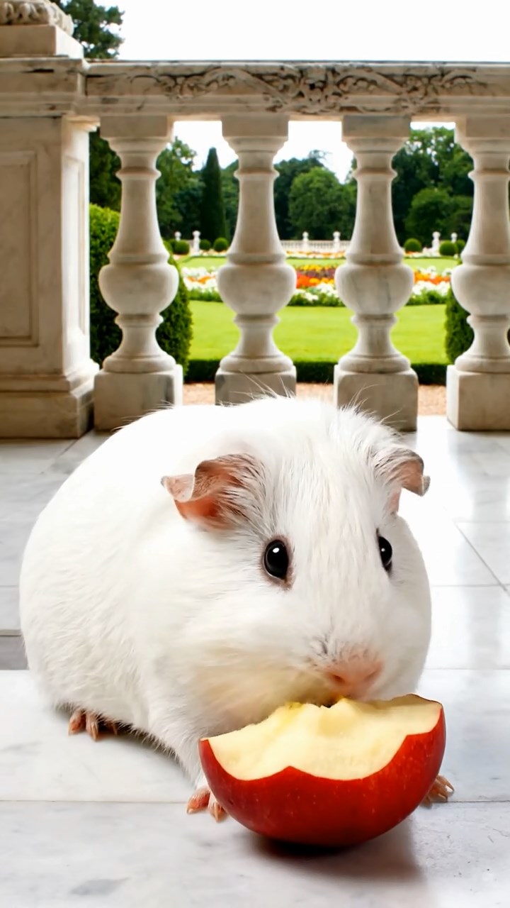 1322. Realistic depiction of 1 smooth-haired Abyssinian guinea pig with white fur, munching on apple cores, on a grand royal veranda with ornate balustrades and manicured gardens.