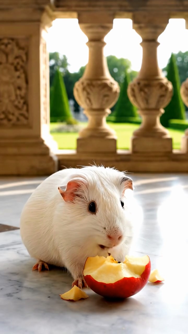 1322. Realistic depiction of 1 smooth-haired Abyssinian guinea pig with white fur, munching on apple cores, on a grand royal veranda with ornate balustrades and manicured gardens.