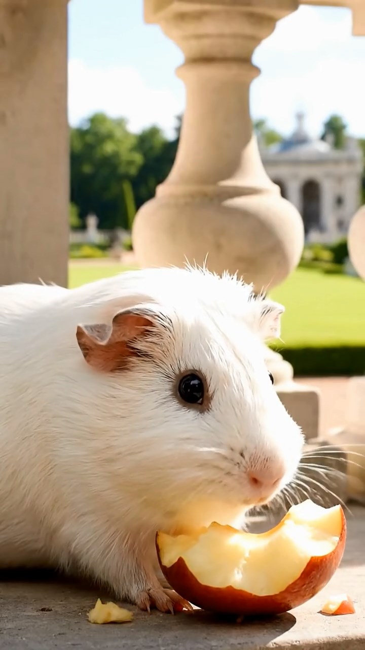 1322. Realistic depiction of 1 smooth-haired Abyssinian guinea pig with white fur, munching on apple cores, on a grand royal veranda with ornate balustrades and manicured gardens.