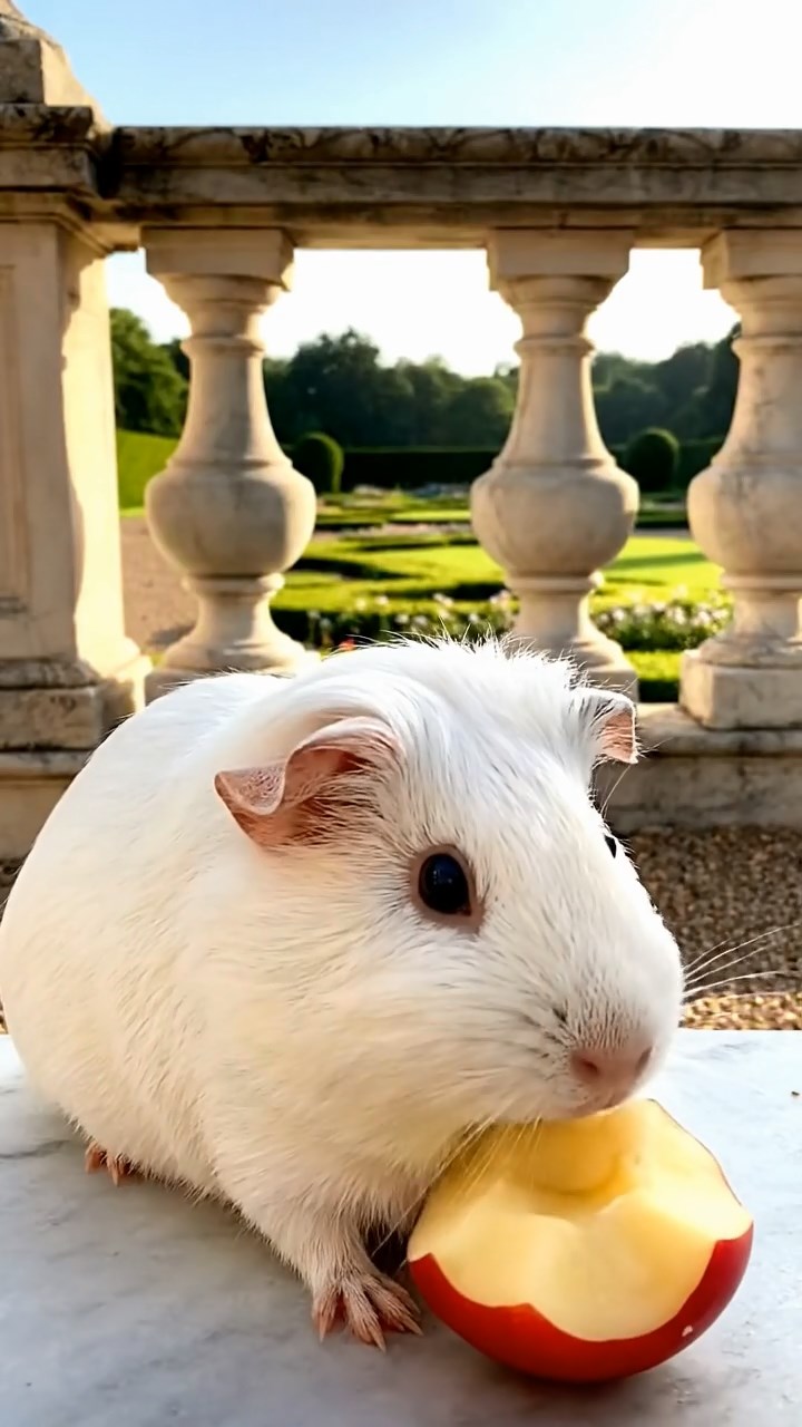 1322. Realistic depiction of 1 smooth-haired Abyssinian guinea pig with white fur, munching on apple cores, on a grand royal veranda with ornate balustrades and manicured gardens.