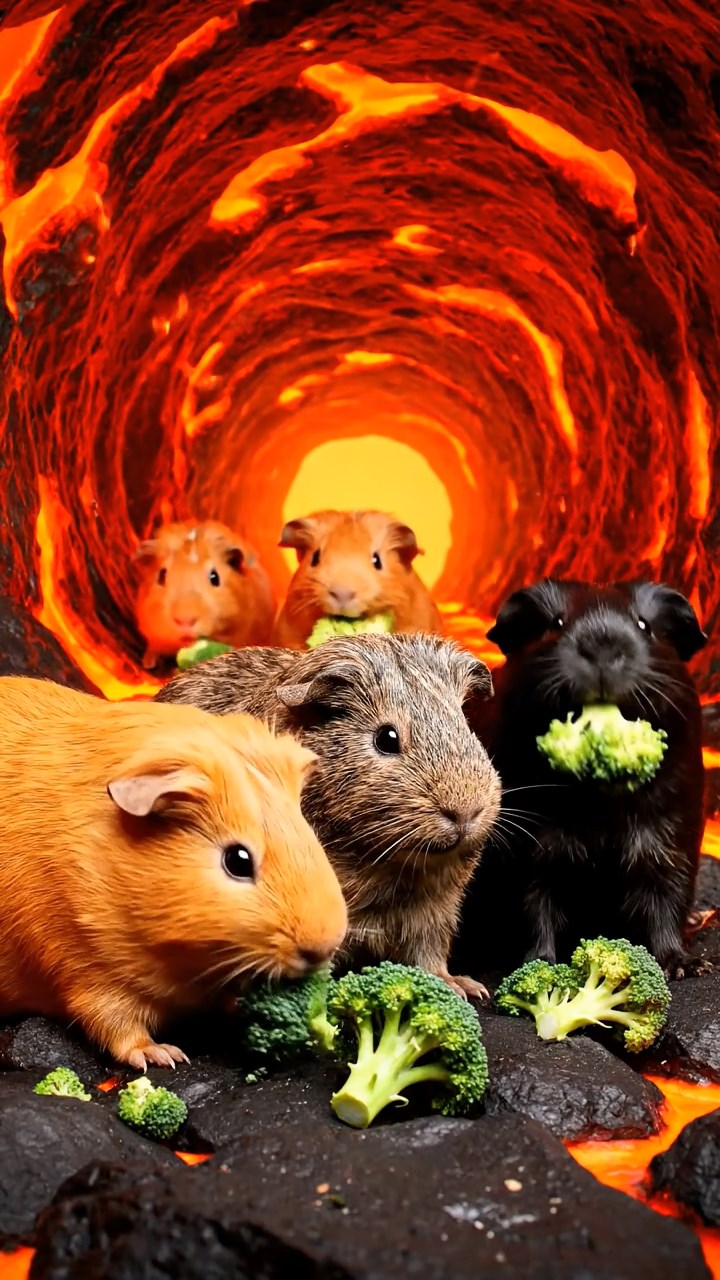 1323. Detailed photo of 4 smooth-haired Peruvian guinea pigs featuring orange, gray, and black coats, sharing broccoli florets, inside a fiery volcanic tunnel with lava glows.