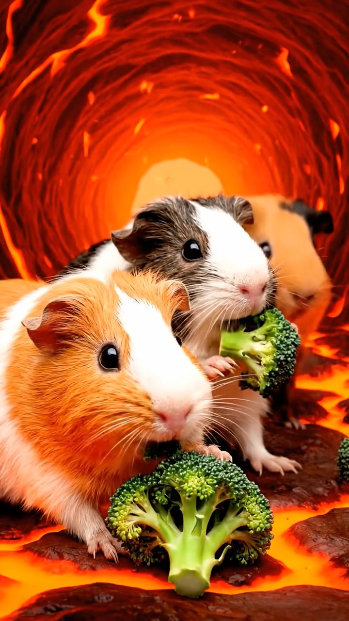 1323. Detailed photo of 4 smooth-haired Peruvian guinea pigs featuring orange, gray, and black coats, sharing broccoli florets, inside a fiery volcanic tunnel with lava glows.
