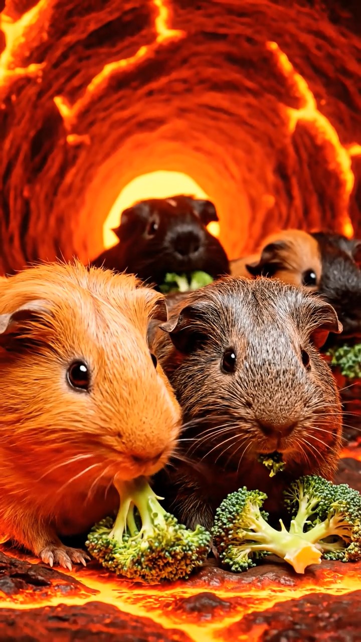 1323. Detailed photo of 4 smooth-haired Peruvian guinea pigs featuring orange, gray, and black coats, sharing broccoli florets, inside a fiery volcanic tunnel with lava glows.