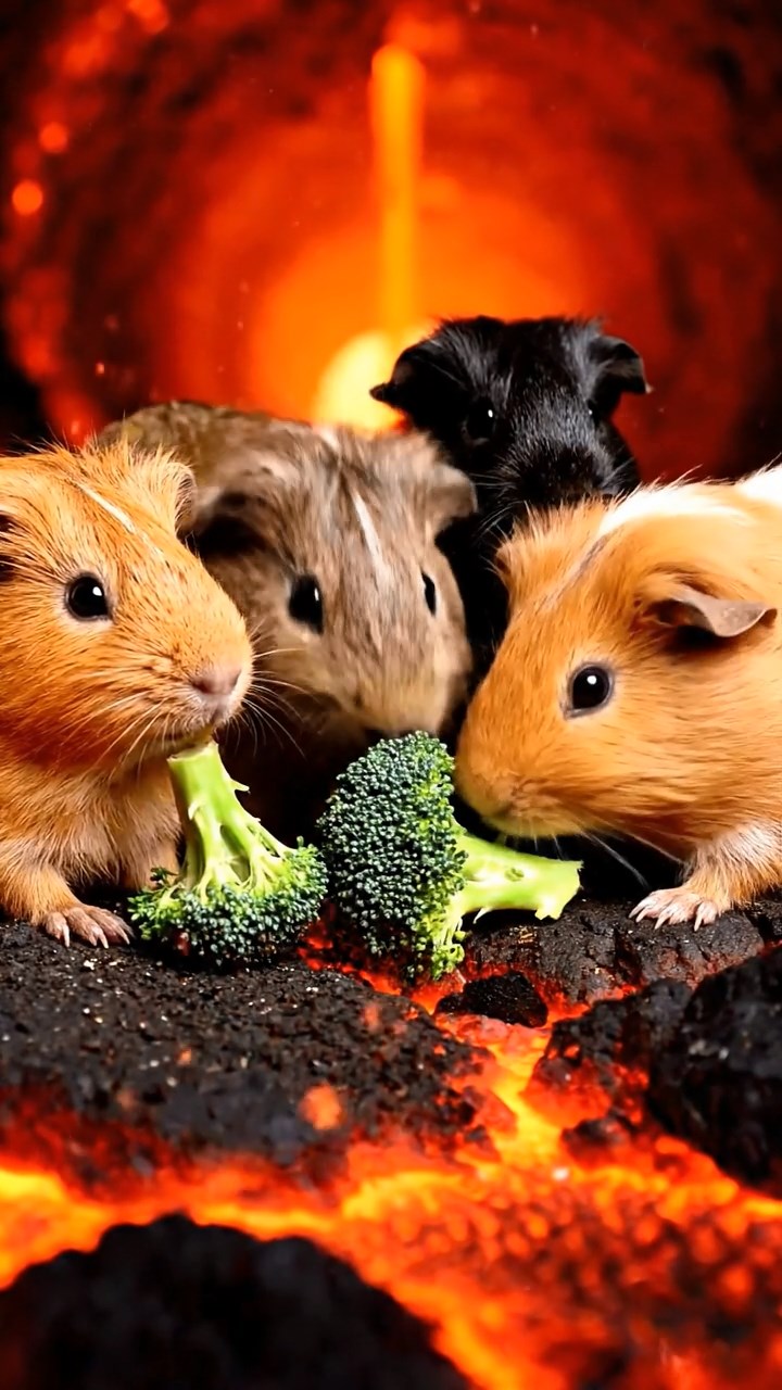 1323. Detailed photo of 4 smooth-haired Peruvian guinea pigs featuring orange, gray, and black coats, sharing broccoli florets, inside a fiery volcanic tunnel with lava glows.