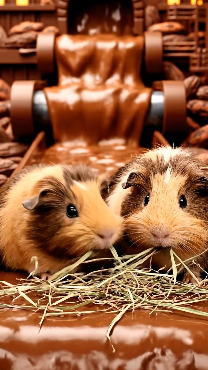 1324. Photorealistic image of 2 smooth-haired Silkie guinea pigs with brown and cream fur, eating dried orchard grass, in a fantastical chocolate production line with rivers of cocoa.