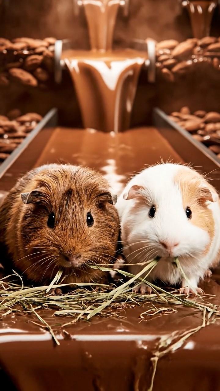 1324. Photorealistic image of 2 smooth-haired Silkie guinea pigs with brown and cream fur, eating dried orchard grass, in a fantastical chocolate production line with rivers of cocoa.