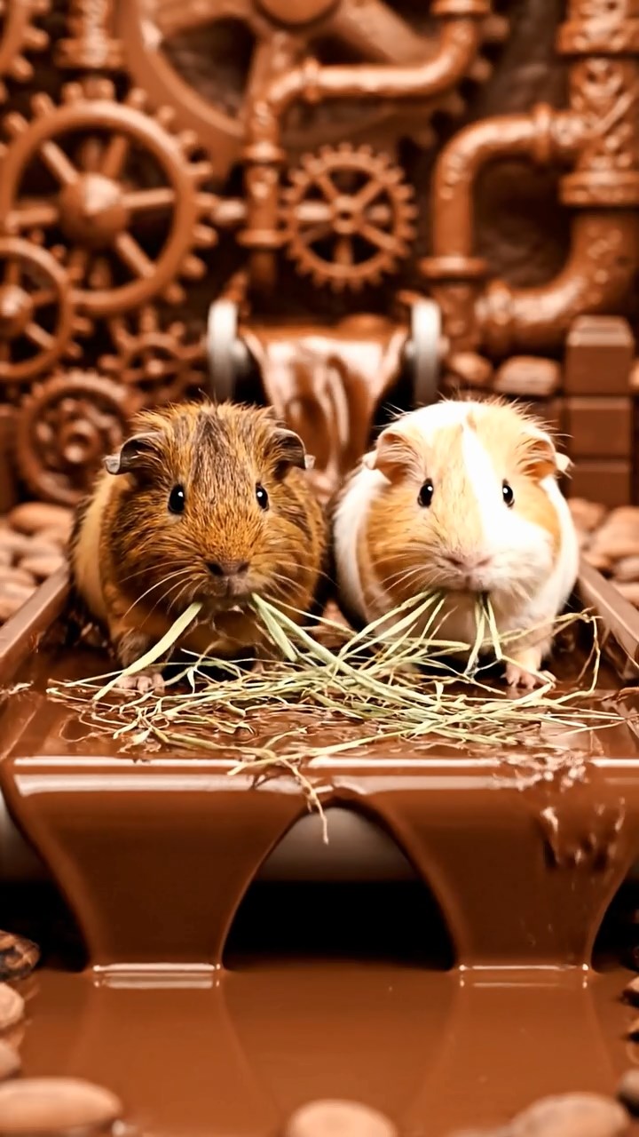 1324. Photorealistic image of 2 smooth-haired Silkie guinea pigs with brown and cream fur, eating dried orchard grass, in a fantastical chocolate production line with rivers of cocoa.