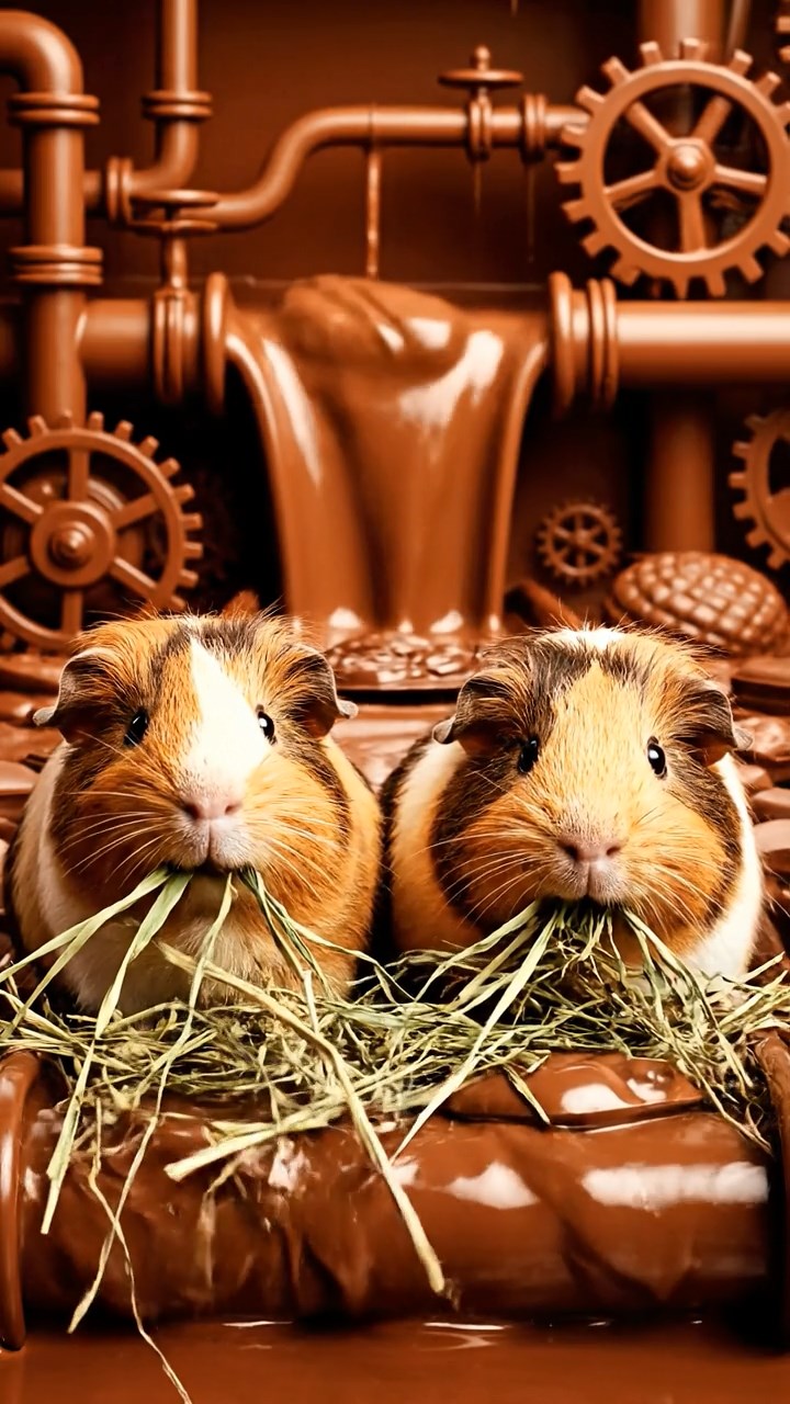 1324. Photorealistic image of 2 smooth-haired Silkie guinea pigs with brown and cream fur, eating dried orchard grass, in a fantastical chocolate production line with rivers of cocoa.
