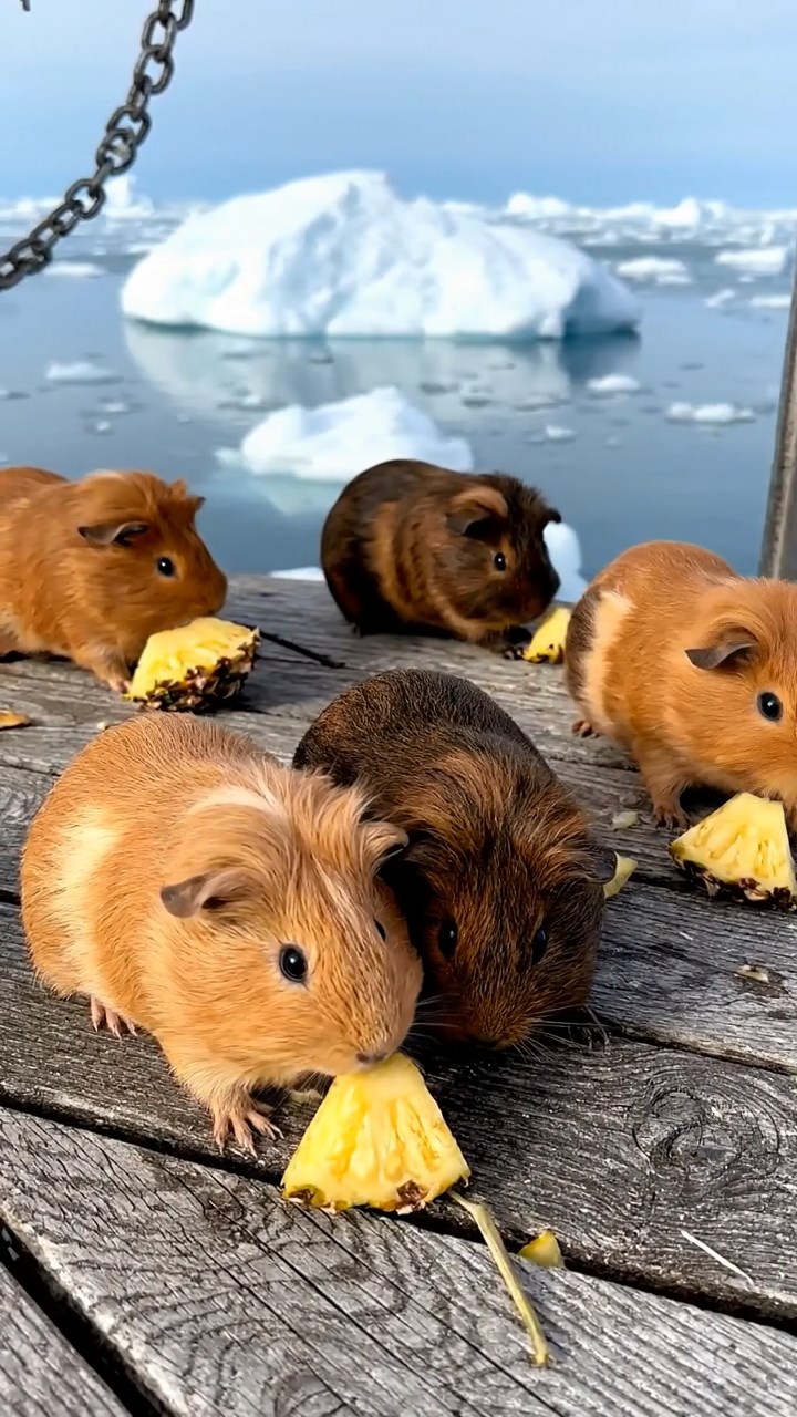 1325. Realistic scene of 5 smooth-haired Teddy guinea pigs in fawn, chocolate, and cinnamon colors, nibbling on pineapple chunks, on a polar research outpost deck with ice floes.