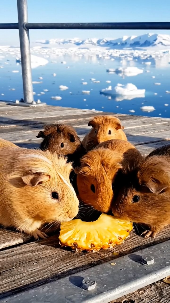 1325. Realistic scene of 5 smooth-haired Teddy guinea pigs in fawn, chocolate, and cinnamon colors, nibbling on pineapple chunks, on a polar research outpost deck with ice floes.
