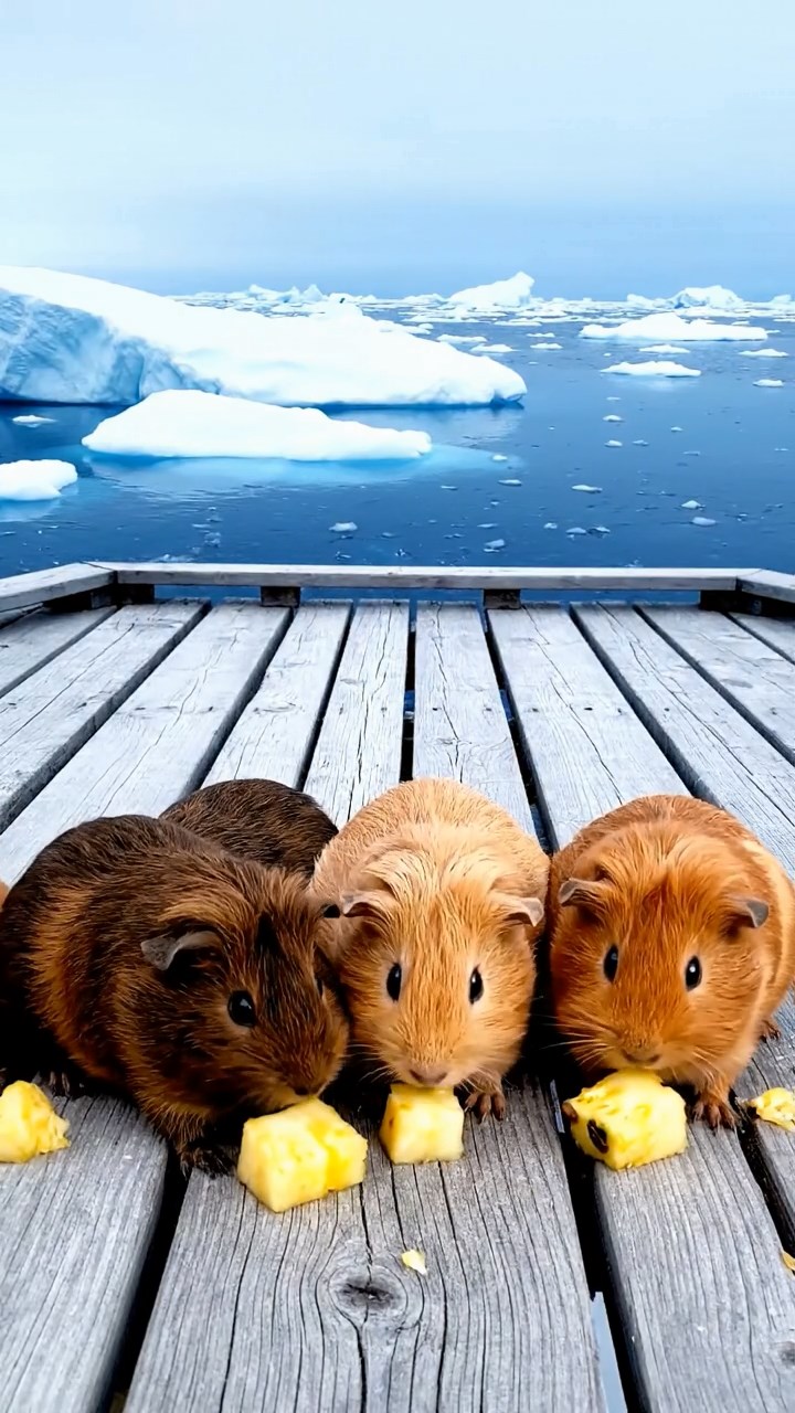 1325. Realistic scene of 5 smooth-haired Teddy guinea pigs in fawn, chocolate, and cinnamon colors, nibbling on pineapple chunks, on a polar research outpost deck with ice floes.