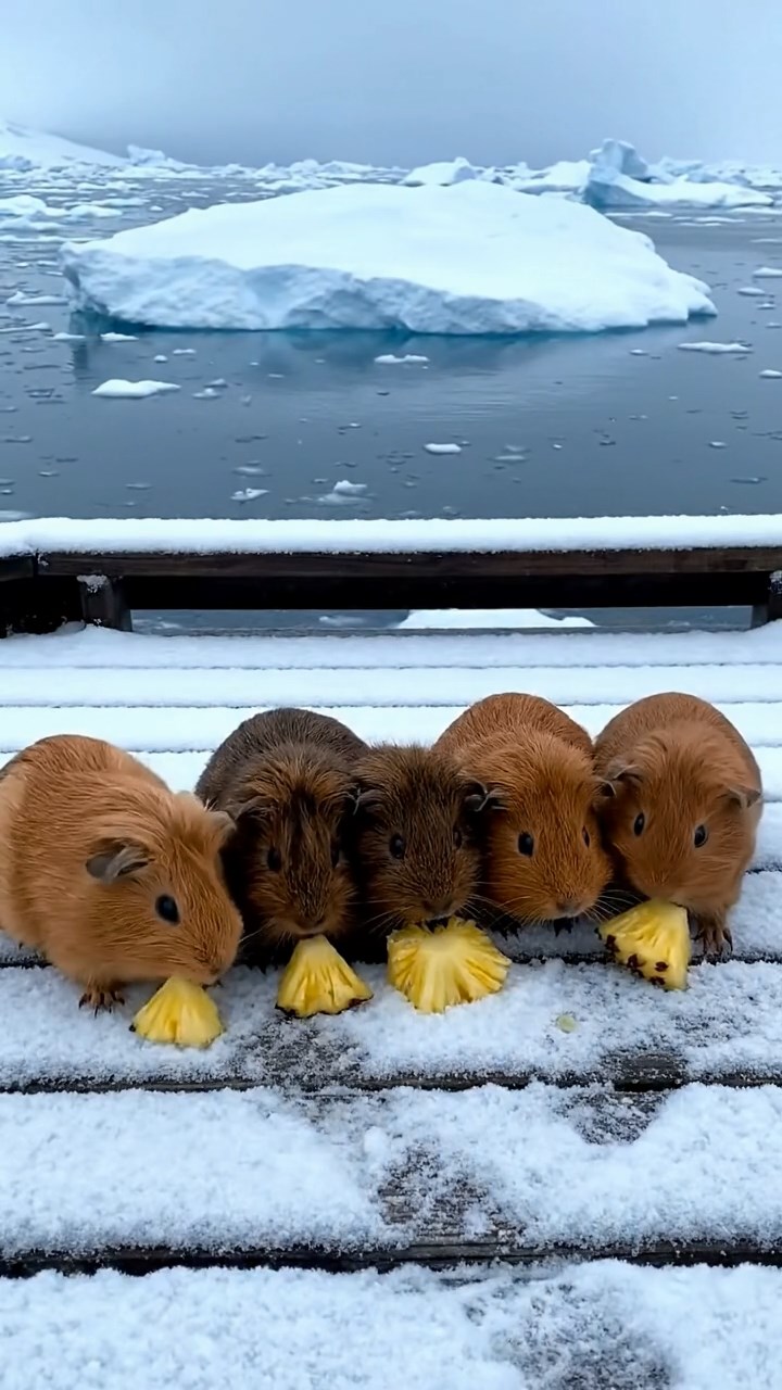 1325. Realistic scene of 5 smooth-haired Teddy guinea pigs in fawn, chocolate, and cinnamon colors, nibbling on pineapple chunks, on a polar research outpost deck with ice floes.
