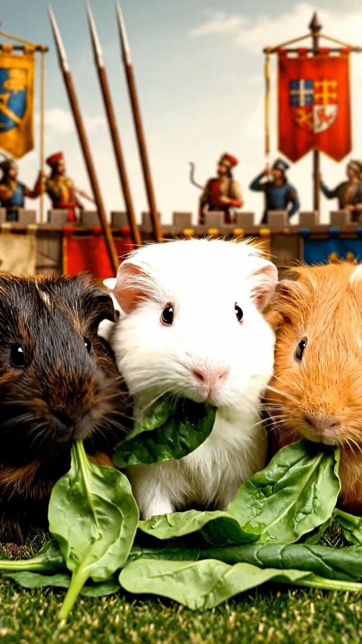 1326. Highly detailed view of 3 smooth-haired Texel guinea pigs with sable, white, and orange fur, chewing on spinach, in a medieval tournament ground with lances and heralds.