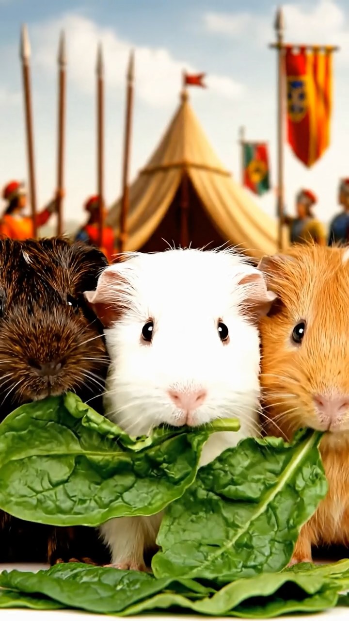 1326. Highly detailed view of 3 smooth-haired Texel guinea pigs with sable, white, and orange fur, chewing on spinach, in a medieval tournament ground with lances and heralds.