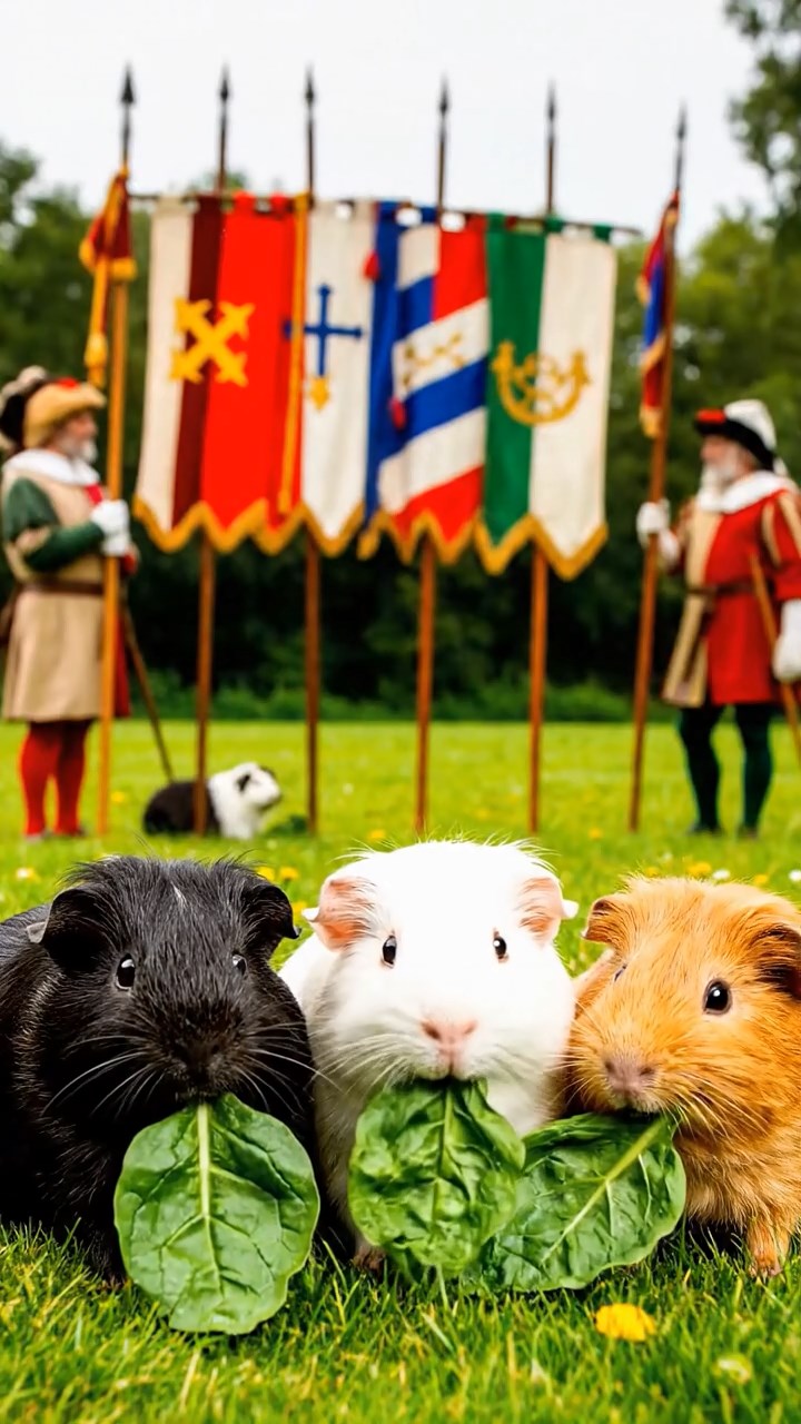 1326. Highly detailed view of 3 smooth-haired Texel guinea pigs with sable, white, and orange fur, chewing on spinach, in a medieval tournament ground with lances and heralds.