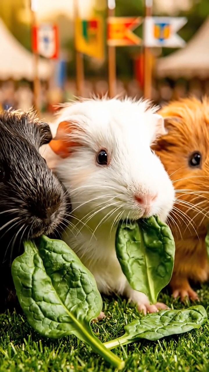 1326. Highly detailed view of 3 smooth-haired Texel guinea pigs with sable, white, and orange fur, chewing on spinach, in a medieval tournament ground with lances and heralds.
