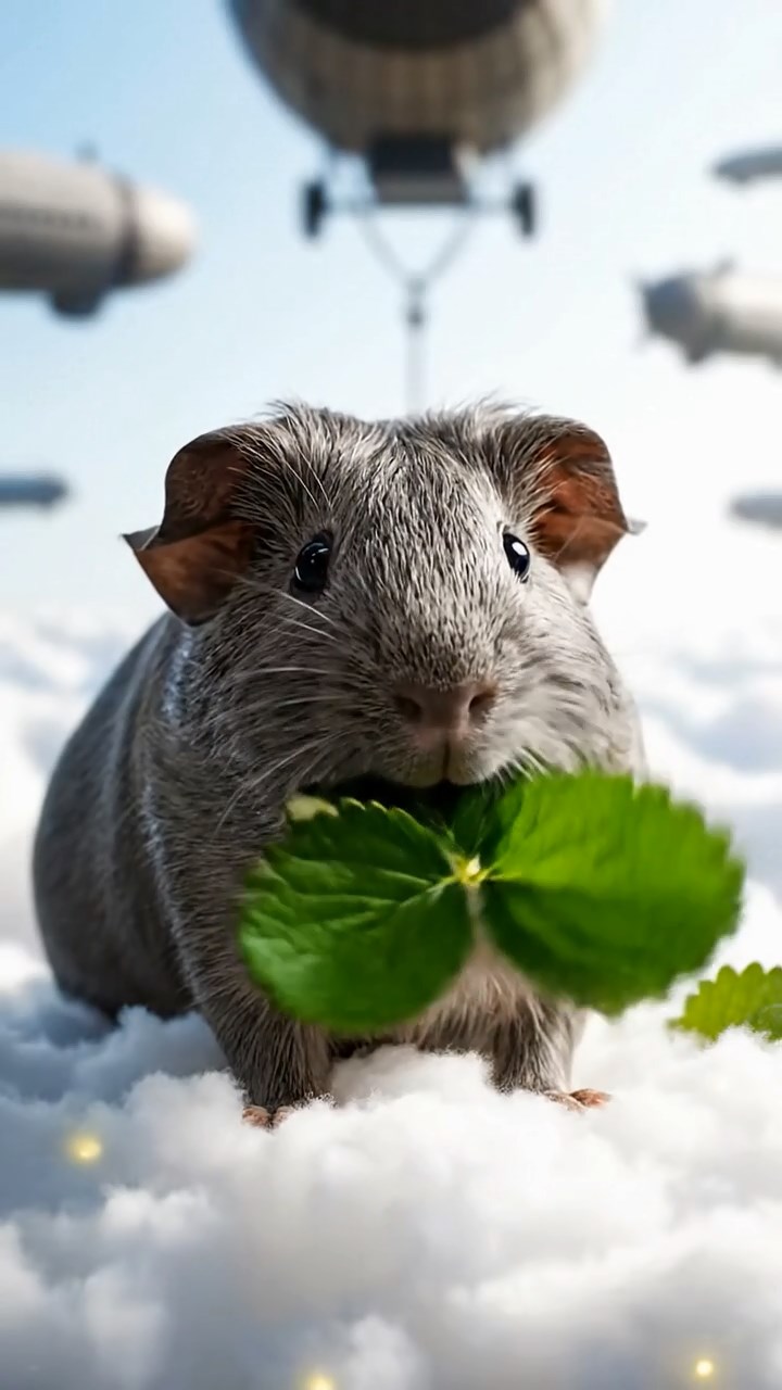 1327. Photorealistic photo of 1 smooth-haired Rex guinea pig with gray fur, munching on strawberry leaves, on a aerial cloud platform with zeppelins mooring.