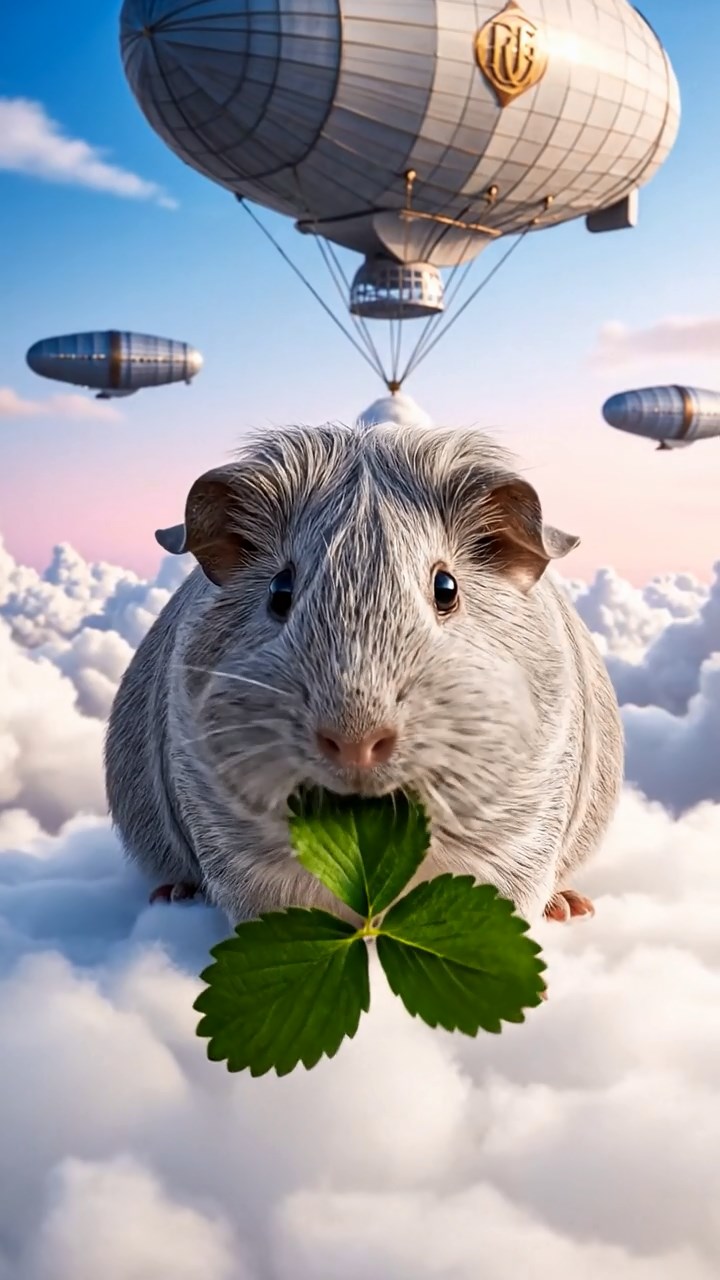 1327. Photorealistic photo of 1 smooth-haired Rex guinea pig with gray fur, munching on strawberry leaves, on a aerial cloud platform with zeppelins mooring.