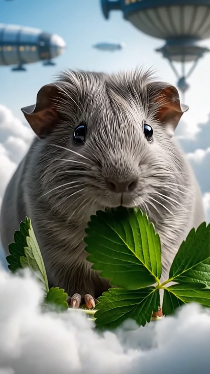 1327. Photorealistic photo of 1 smooth-haired Rex guinea pig with gray fur, munching on strawberry leaves, on a aerial cloud platform with zeppelins mooring.