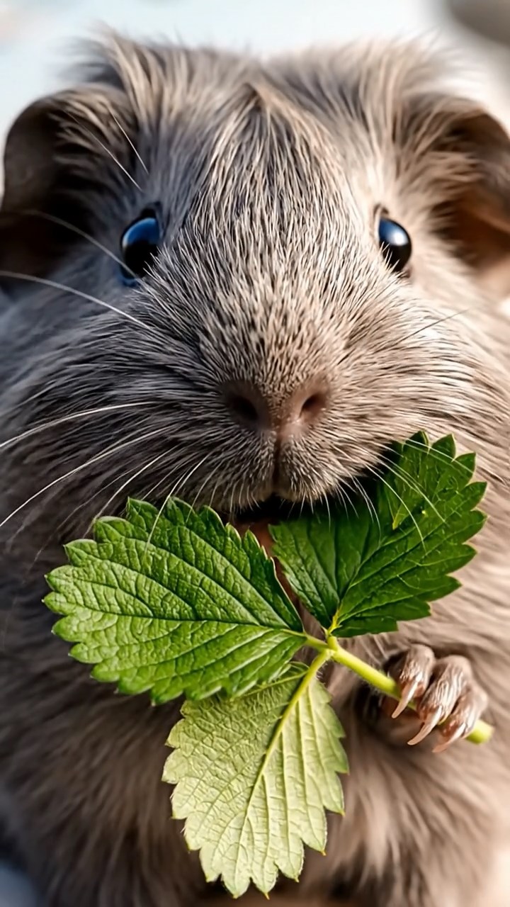 1327. Photorealistic photo of 1 smooth-haired Rex guinea pig with gray fur, munching on strawberry leaves, on a aerial cloud platform with zeppelins mooring.