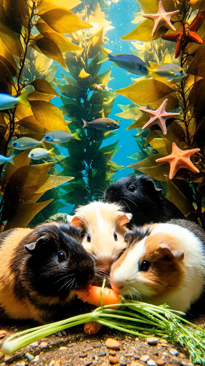 1328. Realistic depiction of 4 smooth-haired Coronet guinea pigs featuring black, brown, and cream coats, sharing carrot tops, in a underwater forest of giant kelp with marine life.