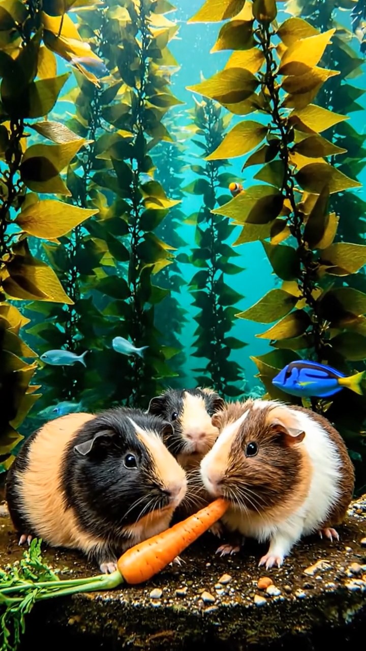 1328. Realistic depiction of 4 smooth-haired Coronet guinea pigs featuring black, brown, and cream coats, sharing carrot tops, in a underwater forest of giant kelp with marine life.