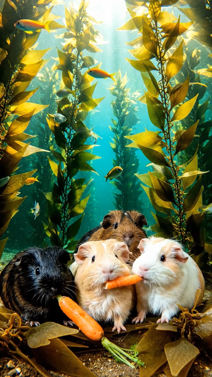 1328. Realistic depiction of 4 smooth-haired Coronet guinea pigs featuring black, brown, and cream coats, sharing carrot tops, in a underwater forest of giant kelp with marine life.